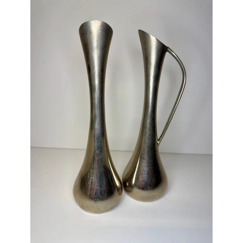 Pair Vintage Silverplate Bud Vases | Mid-Century Modern Ewer Set (7